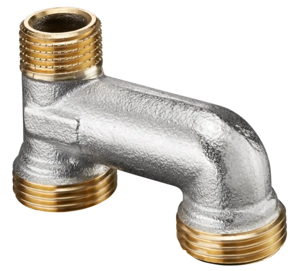 Messing-Anschlussstück mit zwei Gewindeverbindungen. Oventrop Produkt, geeignet für Rohrverbindungen. Verarbeitet in vernickeltem Finish.